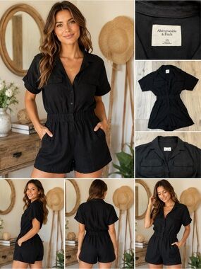 Abercrombie & Fitch Black Short Sleeve Utility Romper